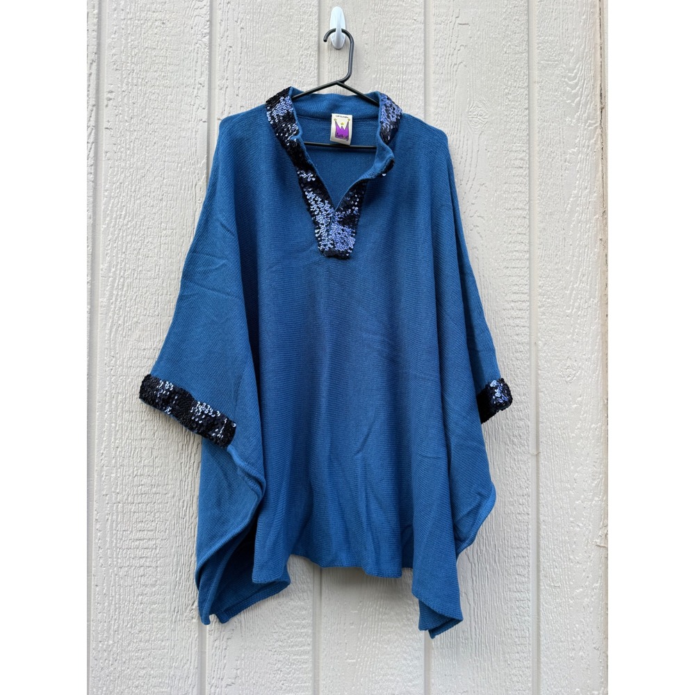 Original Anthony Missy Poncho Blue Sequin Trim Acrylic Knit Glam Wrap